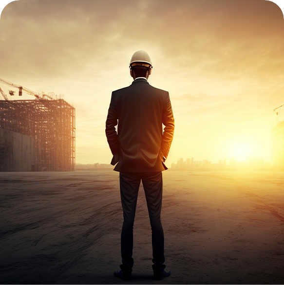 Chef de chantier en habit professionnel et casque de sécurité observant un chantier au lever du soleil