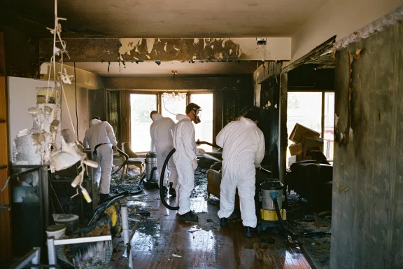 Travailleurs en combinaison nettoyant après un incendie