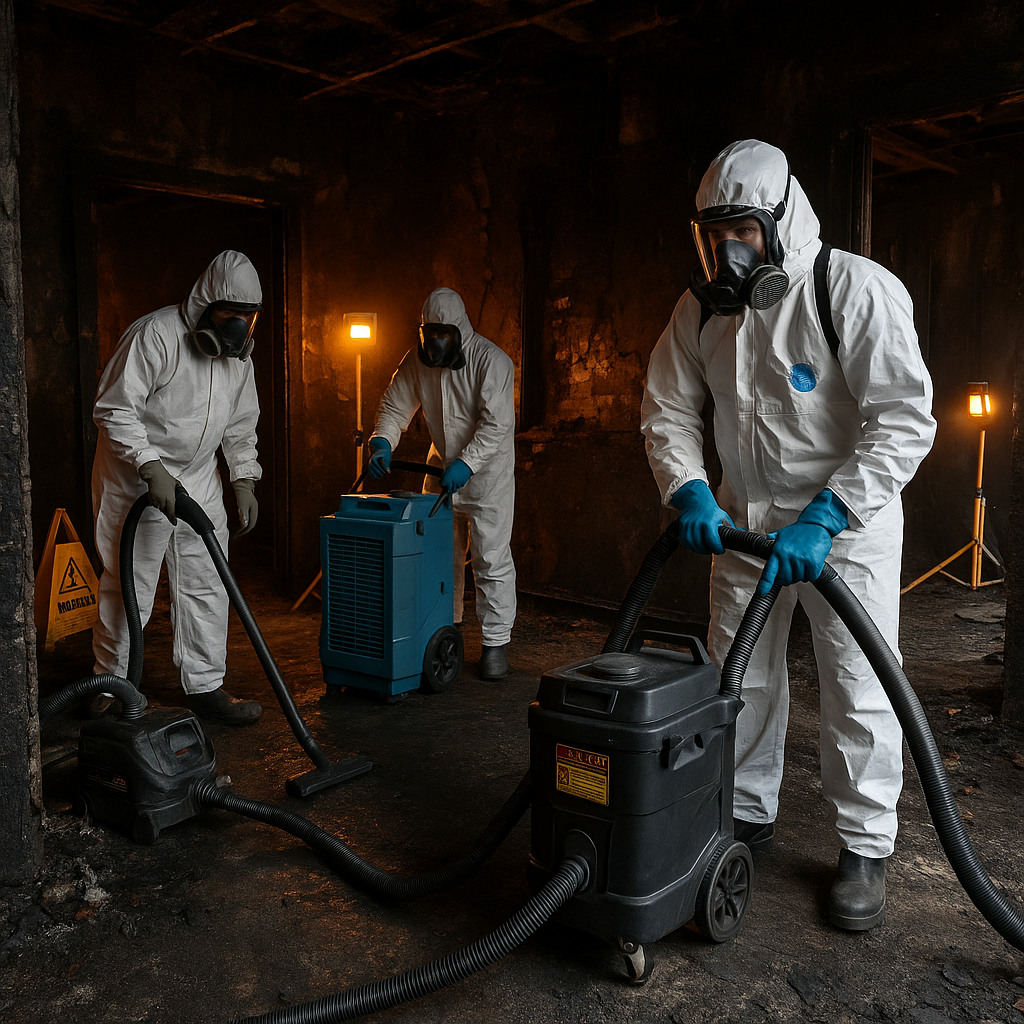 Un bâtiment en cours de décontamination après un incendie par des professionnels